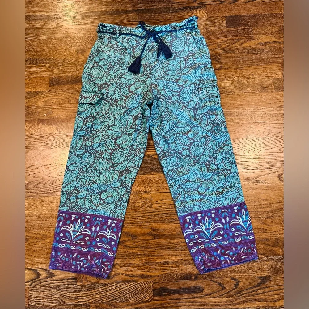 Sundance Boho Floral Block Print Tassel Drawstring Pants Medium Resort Style - Picture 2 of 9